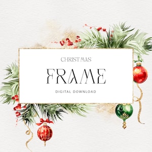 Cadre de Noël, branches de sapin aquarelle et boules de Noël, carte d'invitation de nouvel an, clipart numérique PNG, téléchargement numérique