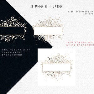 Pu&ograve; includere: Due file PNG e un file JPEG di un arrangiamento floreale bianco con glitter dorati. L'arrangiamento floreale &egrave; in una cornice dorata. I file PNG hanno uno sfondo trasparente e il file JPEG ha uno sfondo bianco. L'immagine &egrave; di 5000 x 5000 pixel e 300 DPI.