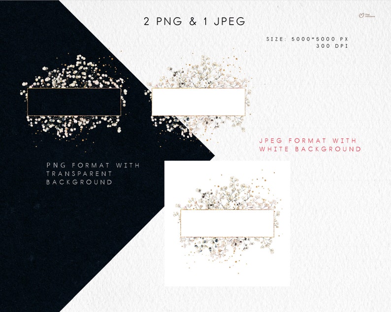Pu&ograve; includere: Due file PNG e un file JPEG di un arrangiamento floreale bianco con glitter dorati. L'arrangiamento floreale &egrave; in una cornice dorata. I file PNG hanno uno sfondo trasparente e il file JPEG ha uno sfondo bianco. L'immagine &egrave; di 5000 x 5000 pixel e 300 DPI.