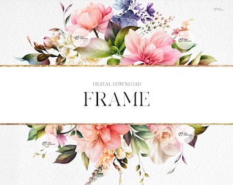 Op de afbeelding: Een digitaal downloadframe met een gouden rand en een bloemmotief. De bloemen zijn roze, wit en paars. De tekst "DIGITAAL DOWNLOAD FRAME" staat in het midden van het frame.