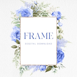 Floral frames, Blue flowers, Border frame, Wedding frame clipart for invite card logo, Digital clipart PNG