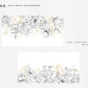 May include: Two black and white floral illustrations with gold accents. The flowers are arranged in a border design. The illustrations are on a white background.