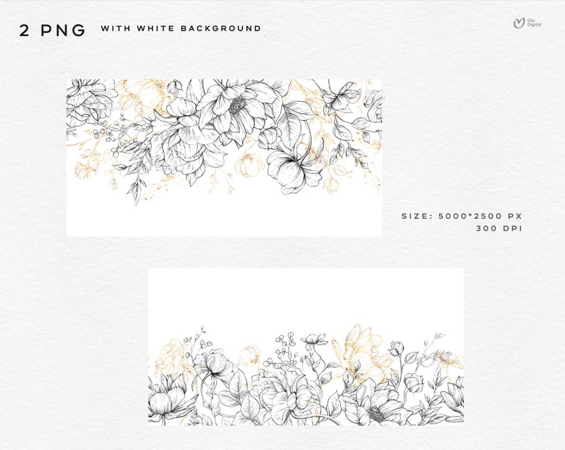 May include: Two black and white floral illustrations with gold accents. The flowers are arranged in a border design. The illustrations are on a white background.