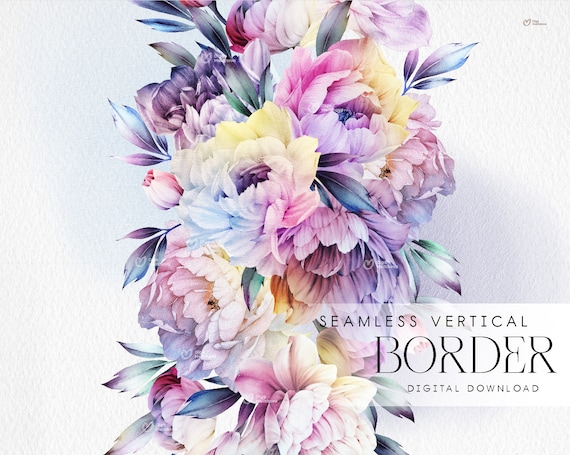 Floral seamless border, Colorful flowers, Watercolor peonies, Wedding frame, Peony border, Digital floral clipart PNG, Digital download