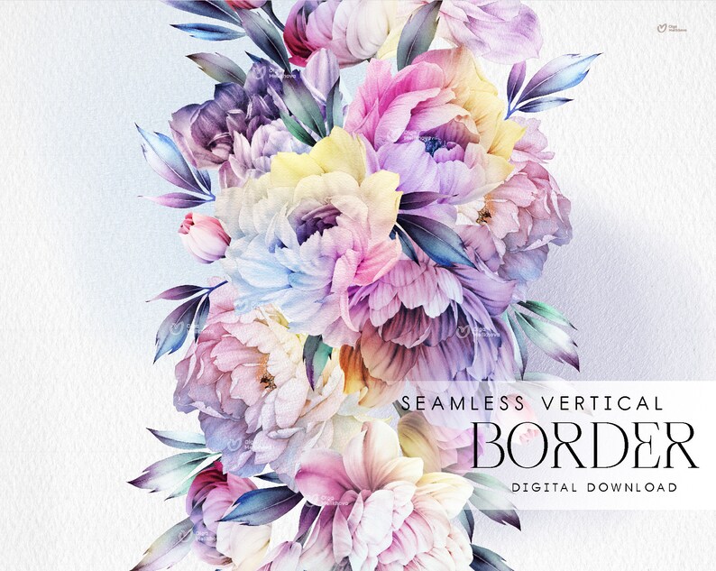 May include: A seamless vertical border pattern featuring watercolor illustrations of pink, purple, blue, and yellow peonies with green leaves. The text "SEAMLESS VERTICAL BORDER DIGITAL DOWNLOAD" is at the bottom of the image.