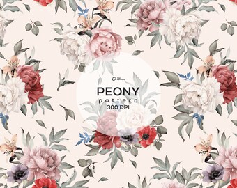 Seamless peony pattern, Digipal printable floral paper, digital download, PNG pattern