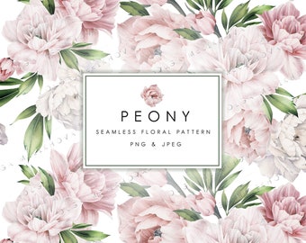 Watercolor Peonies, Seamless floral pattern, Digital Download Clip Art PNG