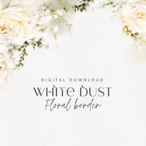 Bordure florale, roses blanches et verdure, Clipart premade, Clipart mariage, fleurs dorées, clipart numérique PNG, téléchargement numérique