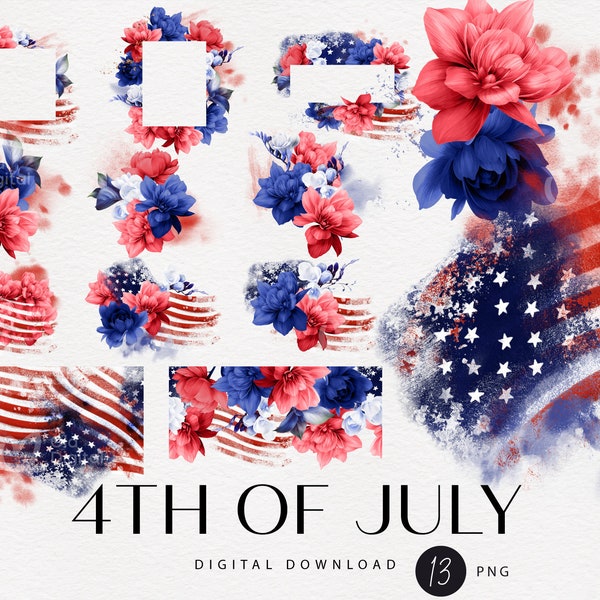 4th of July American Flag Clipart Floral Collection, Seamless borders, Border-Frame Red White and Blue flowers, Digital download