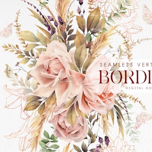 Bordure verticale sans couture, aquarelle feuilles d'automne, carte d'invitation de mariage, fleurs séchées, clipart floral numérique PNG, téléchargement numérique