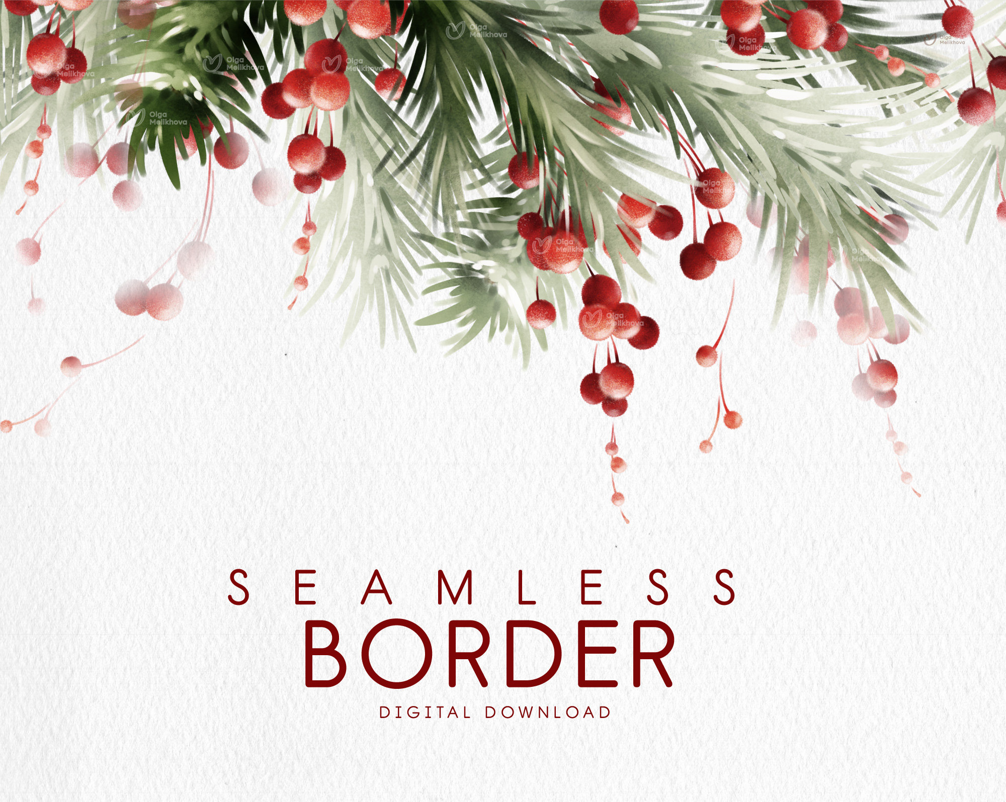 Christmas seamless border, Fir branches and red berries New Year invite card, Christmas greenery, Digital clipart PNG, Digital download