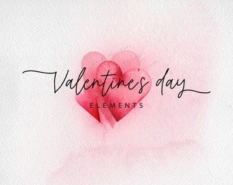May include: A watercolour illustration of three overlapping pink hearts. The words "Valentine's day" are written in script above the hearts, with "ELEMENTS" below. The background is a soft, pink watercolour wash, creating a romantic feel.