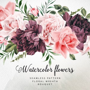 Aquarelle fleurs clipart PNG, Bouquet, Modèle sans couture, Couronne florale, Pack floral numérique