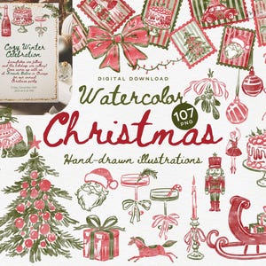 Può includere: Illustrazioni natalizie ad acquerello in rosso e verde. Include un invito, animali festivi, un albero di Natale, Babbo Natale, ornamenti, una slitta e il testo "Watercolor Christmas".