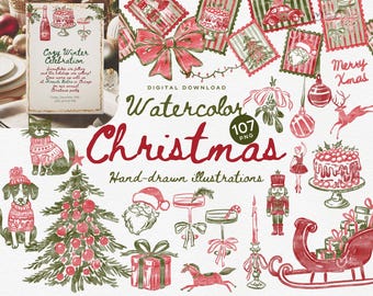 Watercolor Vintage Christmas Bundle PNG, Christmas Clipart, Hand Drawn Holiday Icons, Borders, Frames, Stamps, Festive PNG digital download