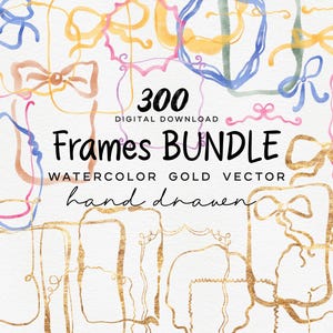 Bundle SVG de cadres aquarelle dessinés à la main, cadre noeud coquette, cadres dorés numériques et clipart bordures, faire-parts toile