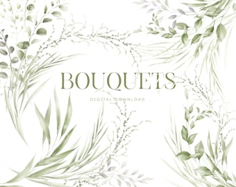 Boeketten groen gebladerte, groen clipart, groene bladeren, huwelijksuitnodiging, digitale download clipart, png