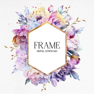 Cornice floreale, peonia colorata, biglietto d'auguri png, fiori di peonie acquerello, clipart floreale matrimonio png, download digitale PNG