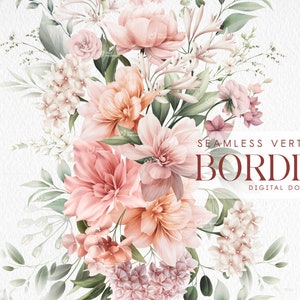 花のボーダー、縦ボーダー、牡丹、水彩画、結婚式招待状、デジタル花のクリップアート PNG、デジタルダウンロード