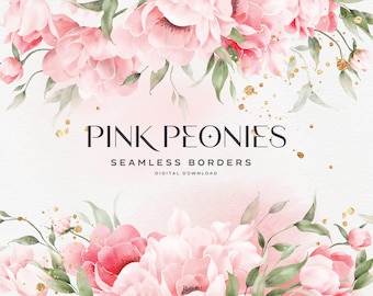 May include: Pink watercolor peonies with green leaves and gold glitter, arranged in a seamless border design. The text "PINK PEONIES" and "SEAMLESS BORDERS" is displayed in black text.