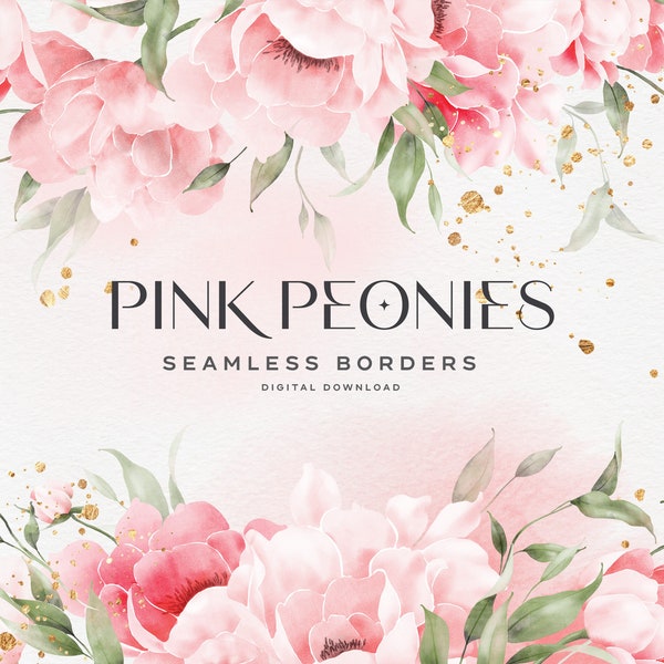 Floral seamless border, Pink peonies and greenery, Elegant flowers, Wedding frame, Digital floral clipart PNG, Digital download