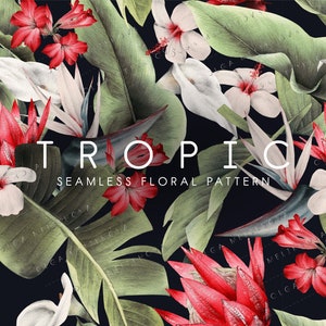 Seamless tropical pattern | Digital tropical paper PNG | Tropical flowers digital download