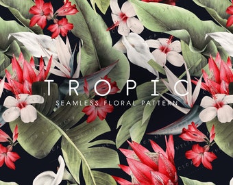 Seamless tropical pattern | Digital tropical paper PNG | Tropical flowers digital download