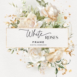 Blumenrahmen, weiße Rosen und viel Grün, Grußkarte, Aquarell Blumen, Hochzeit Blumen Clipart png, Digitaler Download PNG