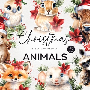 Watercolor Cute Christmas Animals, Woodland Animal Clipart, Winter Baby Animals Clipart Bundle Commercial use clipart, Digital print