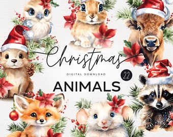 Watercolor Cute Christmas Animals, Woodland Animal Clipart, Winter Baby Animals Clipart Bundle Commercial use clipart, Digital print