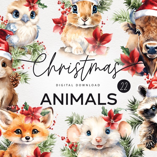 Watercolor Cute Christmas Animals, Woodland Animal Clipart, Winter Baby Animals Clipart Bundle Commercial use clipart, Digital print