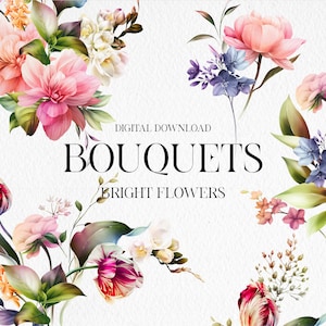 Flores brilhantes, Buquês florais clipart, Clipart floral, Desenhos de sublimação para impressão, Clipart digital PNG