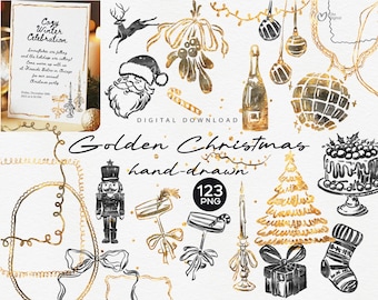 Vintage Golden Christmas Bundle PNG, Golden Frames, Festive Borders & Holiday Illustrations, Retro Hand-Drawn Clipart, Xmas Graphic Pack
