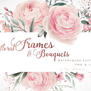Watercolor floral clipart, frames and bouquets PNG, Wedding pink watercolor flowers Digital Download Clip Art PNG