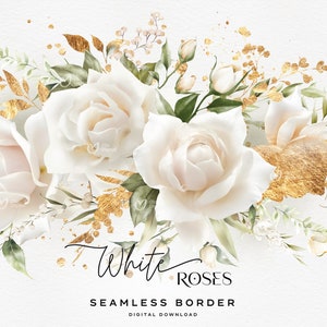 Bordure florale sans couture, roses blanches et verdure, fleurs élégantes, cadre de mariage, clipart floral numérique PNG, téléchargement numérique