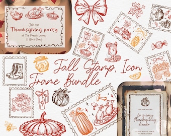 Fall Stamp, Icon & Frame Bundle, Autumn PNG SVG Clipart, Cozy Vintage Postage Stamps, Fall Illustrations for Sublimation, Stickers, Crafts