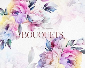 May include: A digital download of watercolor bouquets featuring pink, purple, and yellow flowers with green leaves. The text "DIGITAL DOWNLOAD BOUQUETS" is in the center of the image.