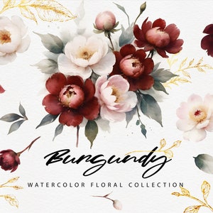 Burgundy Flowers Bundle, Watercolor peonies, Wedding invite card, Bouquets, Borders, Frames, Digital floral clipart PNG, Digital clipart PNG