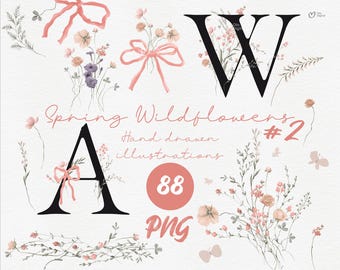 Fleurs sauvages printanières, invitation à un mariage, gribouillages floraux dessinés à la main, petites fleurs, noeuds roses, cadre floral, alphabet, clipart bouquet png thumbnail