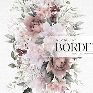 Op de afbeelding: Een naadloze bloemenrand met roze, witte en bordeauxrode bloemen en groen. De tekst "SEAMLESS BORDER DIGITAL DOWNLOAD" staat onderaan de afbeelding.