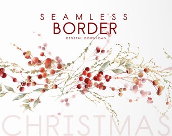 Christmas border, Seamless border, Poinsettia flowers, New Year invite card, Christmas frame, Digital clipart PNG, Digital download