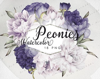Blue peonies. Watercolor flower Clip Art, Wedding flowers clipart, Floral Watercolour Digital Instant Download