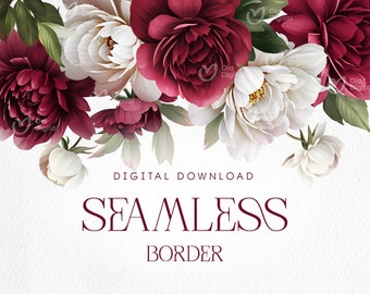 Borde floral sin costuras, flores burdeos, marco de borde de peonía, tarjeta de invitación de boda, clipart floral digital PNG