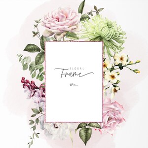 May include: A watercolour floral frame featuring pink, white and green flowers. The frame is surrounded by a pink glitter border and the text "Floral Frame" is written in cursive inside the frame.