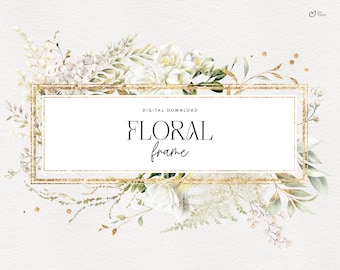Golden Floral frame, White flower frame, foliage, Wedding invite card, Digital floral clipart PNG, Instant download