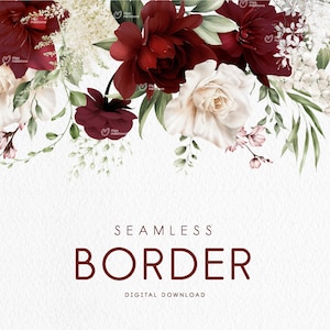 Borde floral sin costuras, flores burdeos, marco de borde, tarjeta de invitación de boda, clipart floral digital PNG