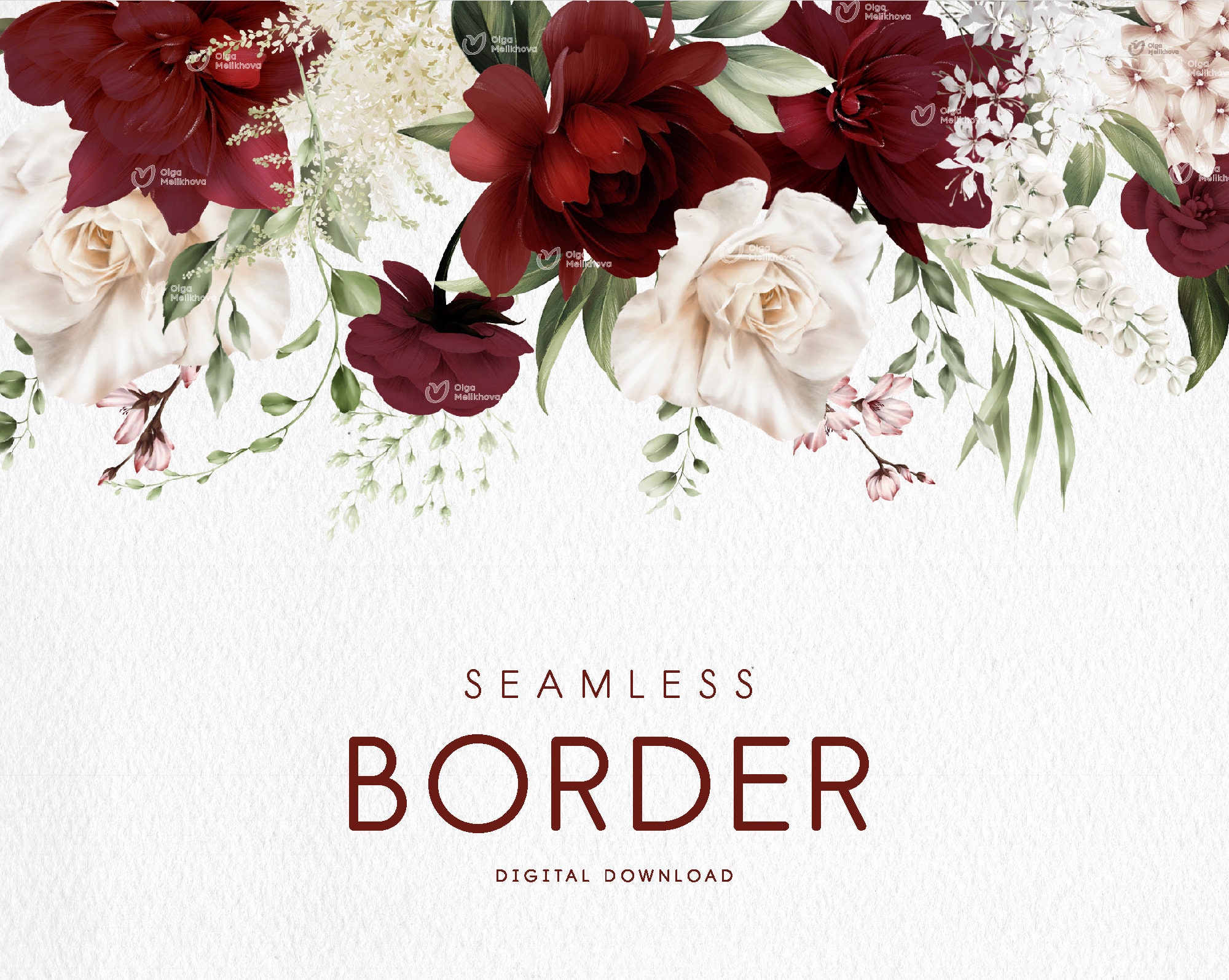 Seamless Floral Border , Burgundy Flowers, Border-frame, Wedding Invite  Card, Digital Floral Clipart PNG 