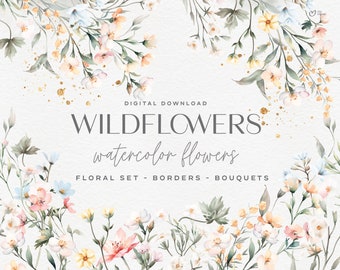 Wildflowers Clipart, Pastel Floral Watercolor, Borders, Bouquets Clipart, Watercolor Clipart, Wedding Floral Clipart PNG