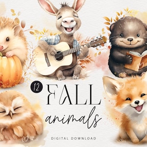 Clipart autunnale dell'acquerello, Animali carini autunnali dell'acquerello, Clipart animali del bosco Clipart per uso commerciale, stampa digitale