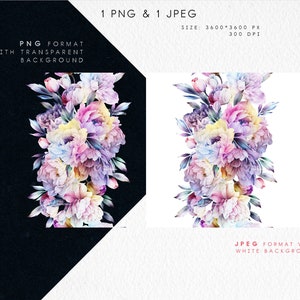 May include: A watercolor illustration of a bouquet of pink, purple, and blue flowers with green leaves. The image is available in two formats: PNG with a transparent background and JPEG with a white background. The image is 3600 pixels by 3600 pixels and 300 DPI.